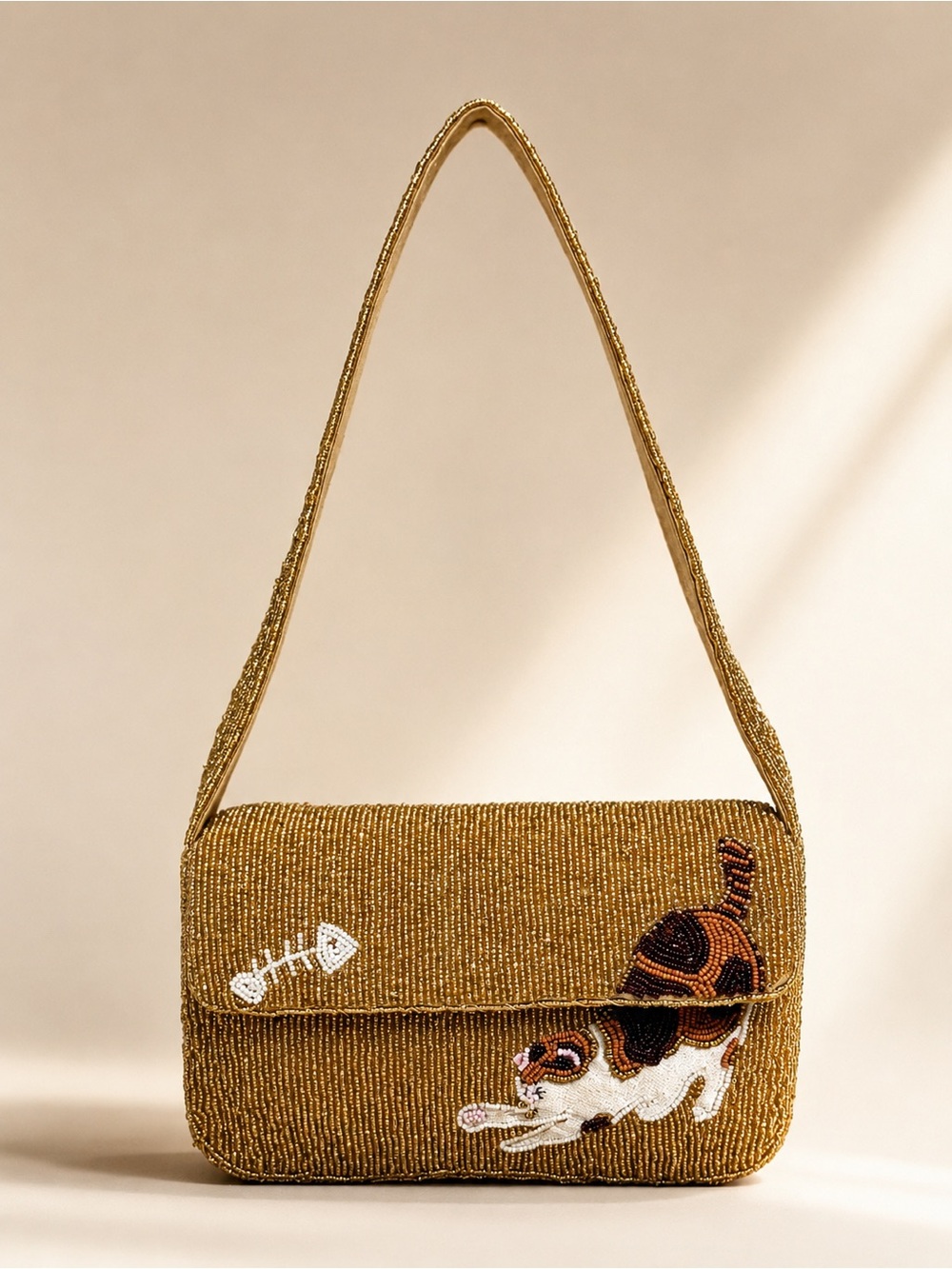 Cat Beaded Shoulder Bag